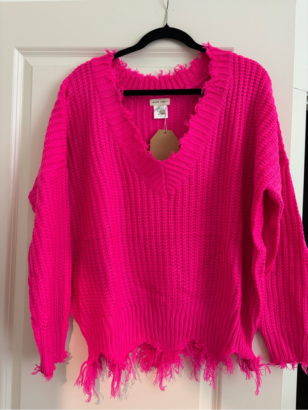 Main Strip Women’s Neon Pink Distressed V-Neck Sweater